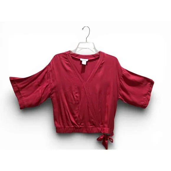 Women’s Burgundy Wrap Front Top | Short Sleeve Tie Waist Blouse | Medium - Picture 10 of 14